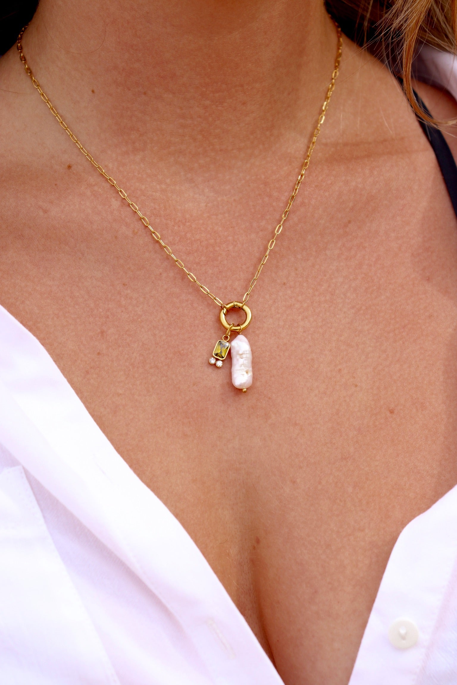 Green Birth Stone With Fresh Water Pearl